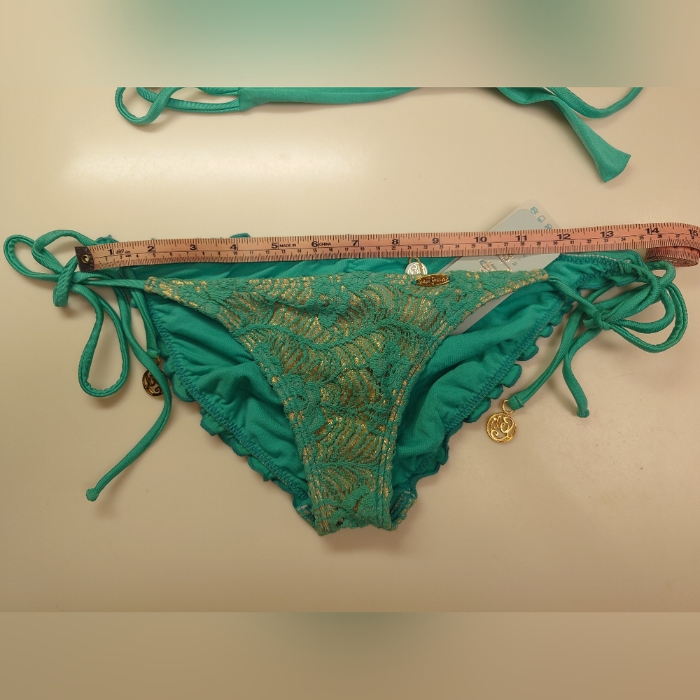 Flaw NWT Gold & Green LULI FAMA Crochet Halter Top DD Tie-Side Bikini SwimSuit M - Picture 6 of 15